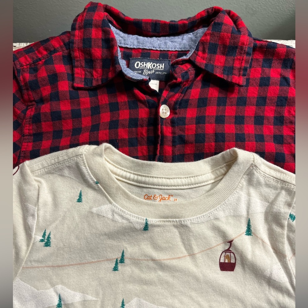 OshKosh B'gosh Red Plaid Cat & Jack Cream Bear Winter Boy Shirt Bundle 3T